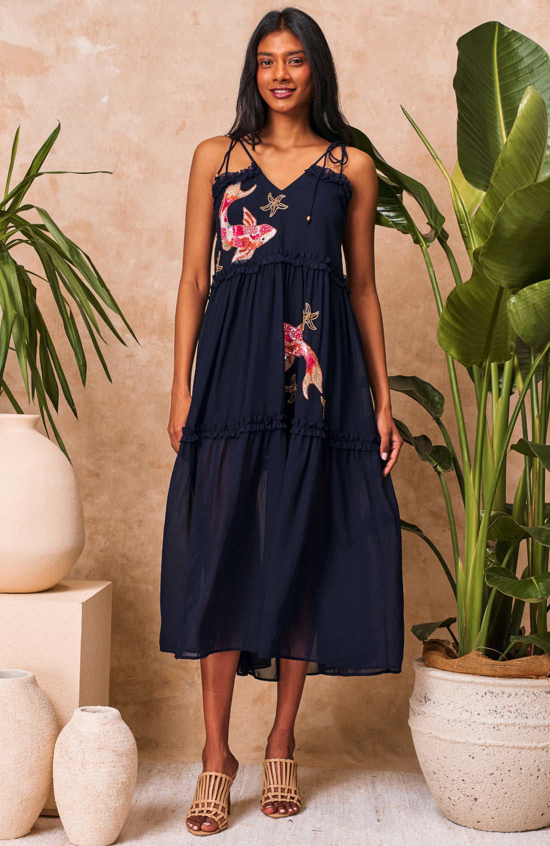 The Inaya Embellished Tie Strap Midi Dress (Navy)