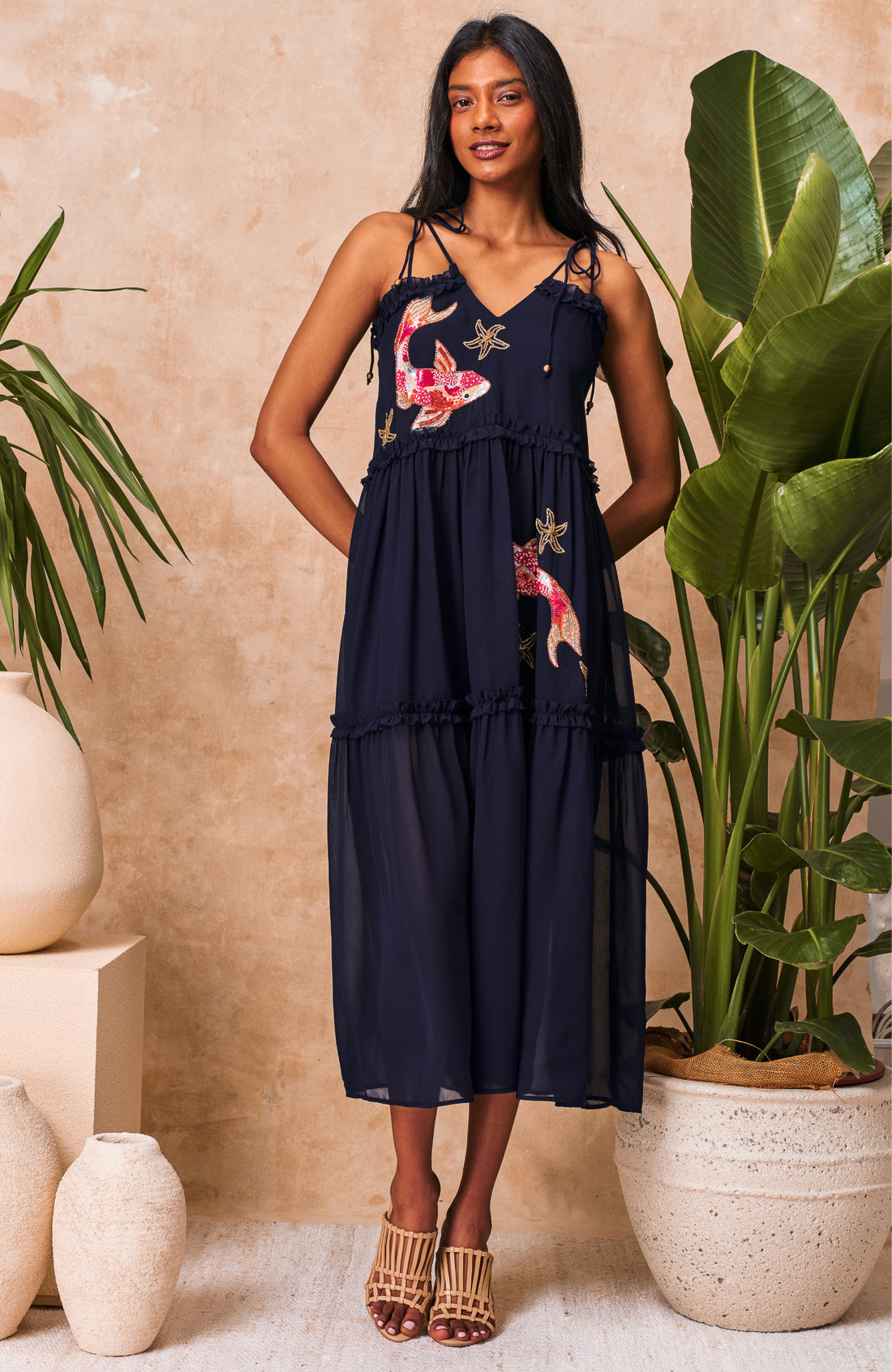 The Inaya Embellished Tie Strap Midi Dress (Navy)