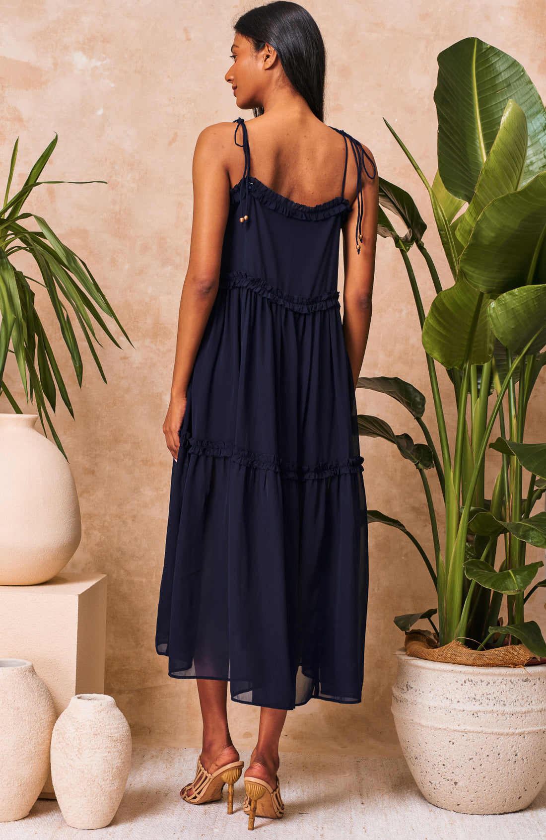 The Inaya Embellished Tie Strap Midi Dress (Navy)