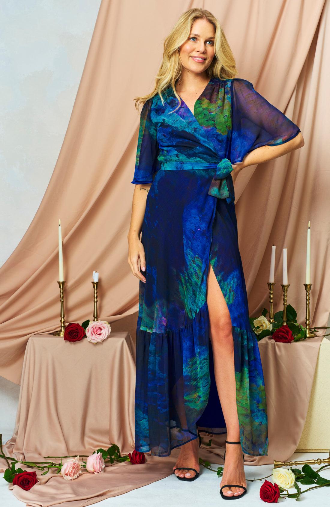 Jacqueline Flutter Sleeve Maxi Wrap Dress (Blue Multi)