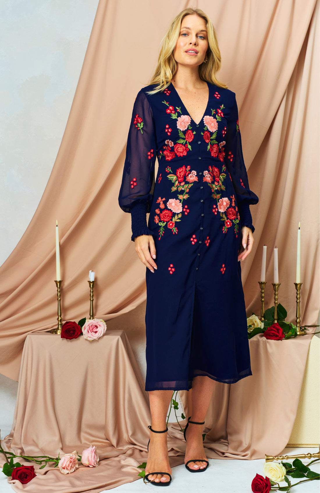 The Jodie Embroidered V-Neck Midi Dress (Navy)