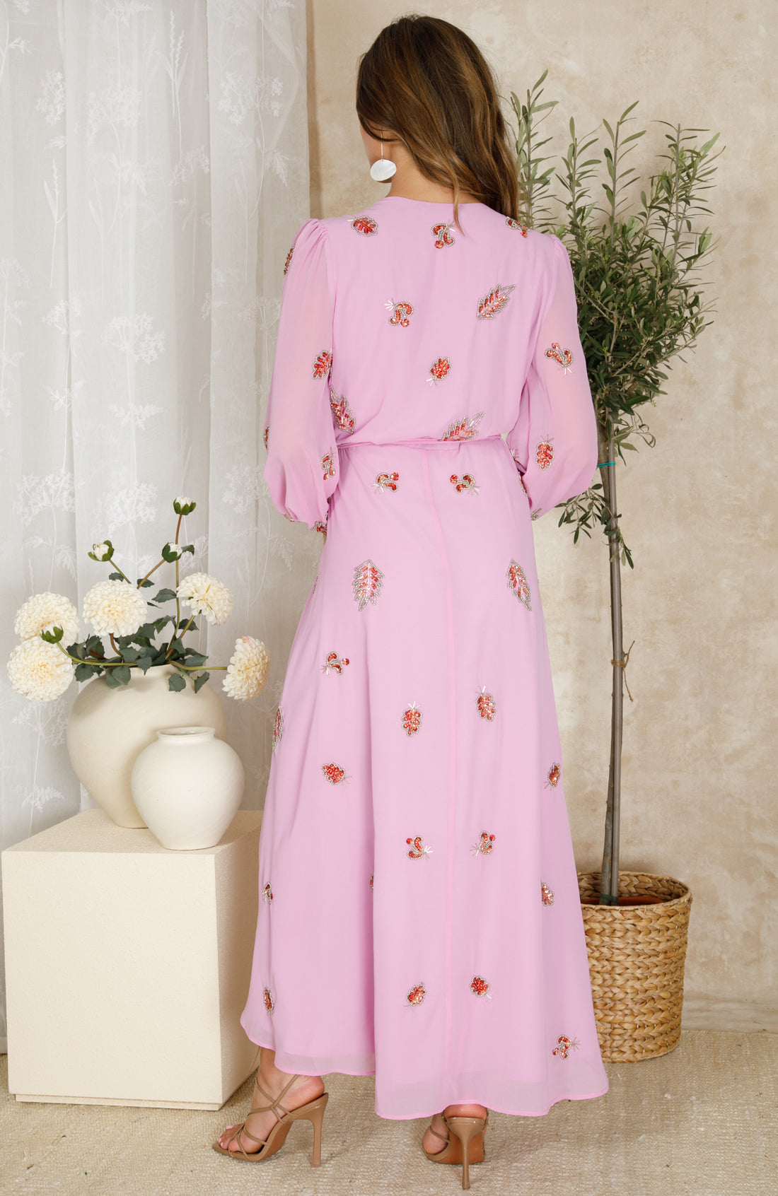 The Kara Embellished Blouson Sleeve Wrap Dress (Light Pink)