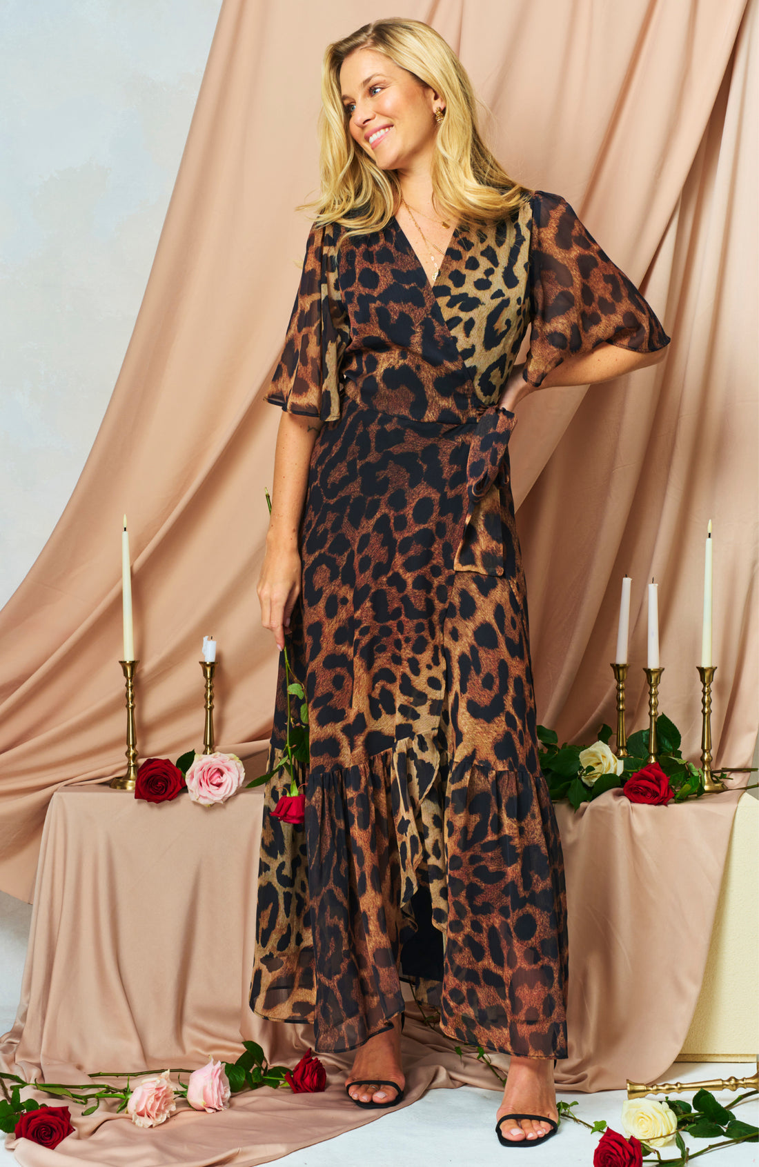 The Lexi Flutter Sleeve Maxi Wrap Dress (Brown) Love Cherish Dress