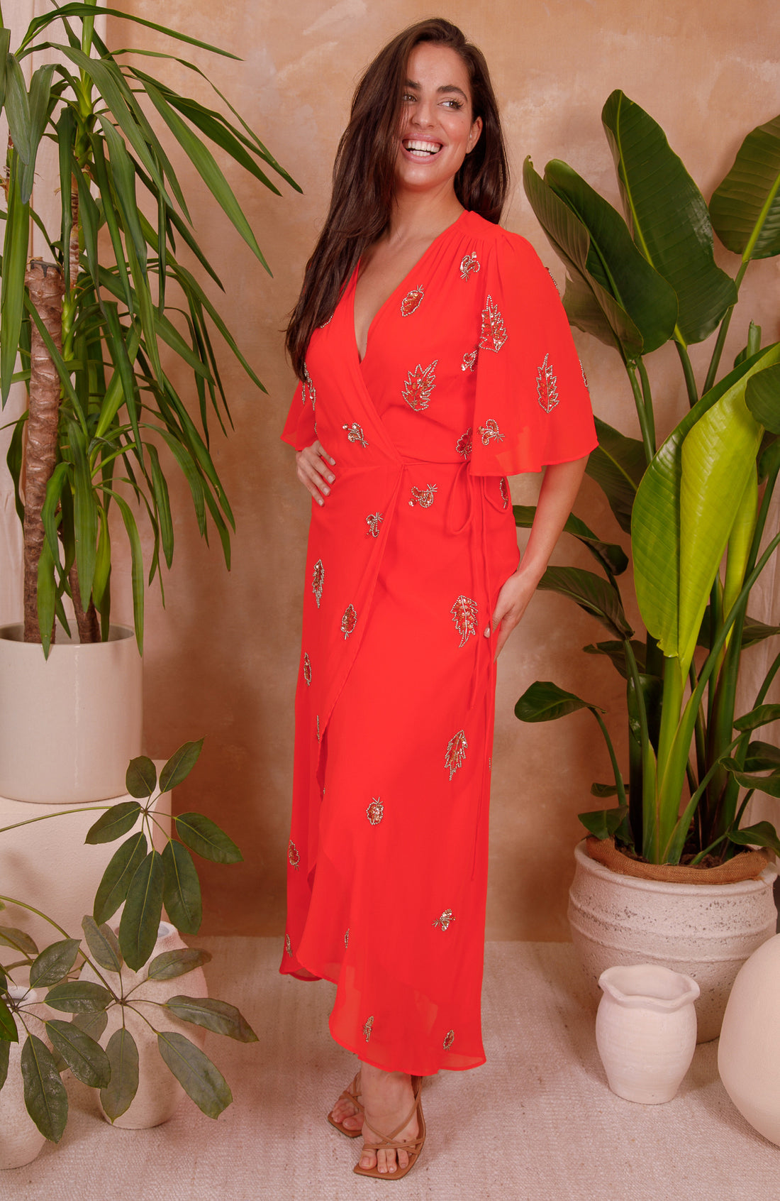 The Alana Embellished Flutter Sleeve Maxi Wrap Dress (Orange)