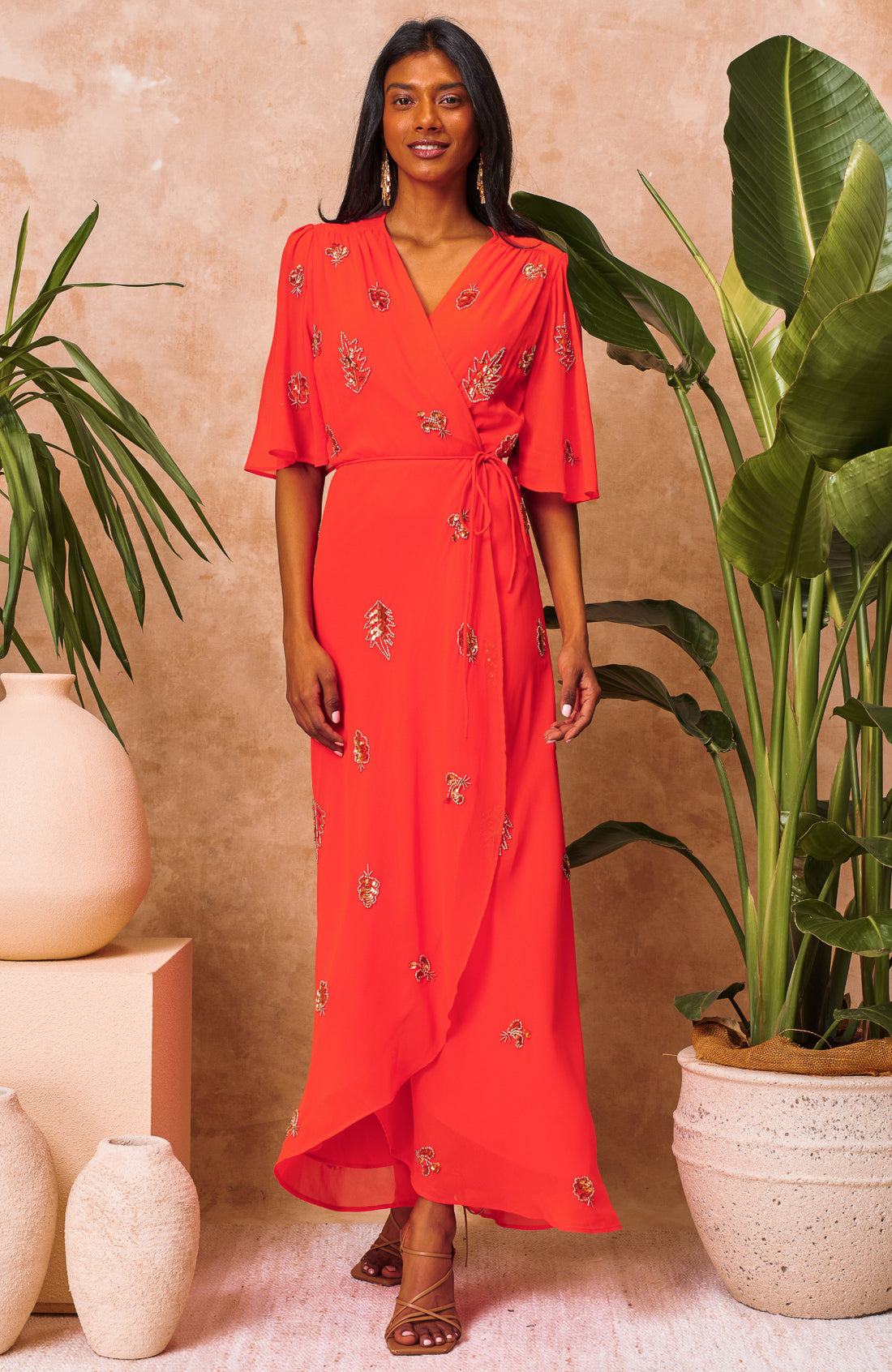 The Alana Embellished Flutter Sleeve Maxi Wrap Dress (Orange)