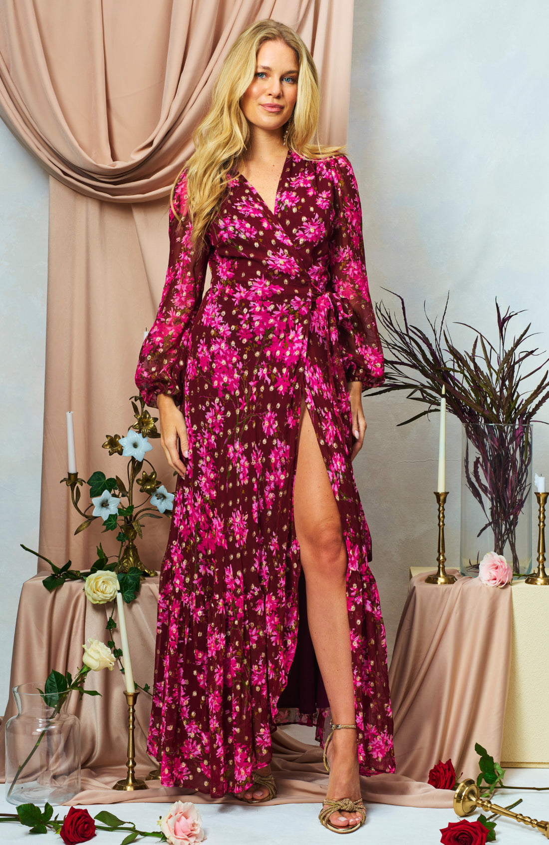 The Blossom Blouson Sleeve Maxi Wrap Dress (Burgundy)