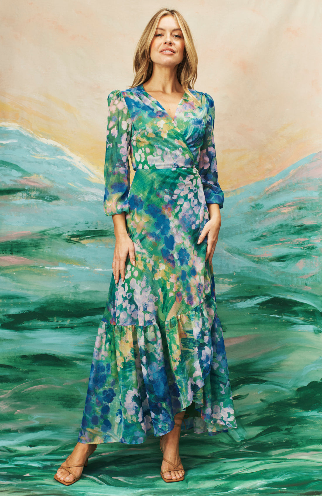 The Bluebell Floral Print Blouson Sleeve Maxi Wrap Dress (Blue)