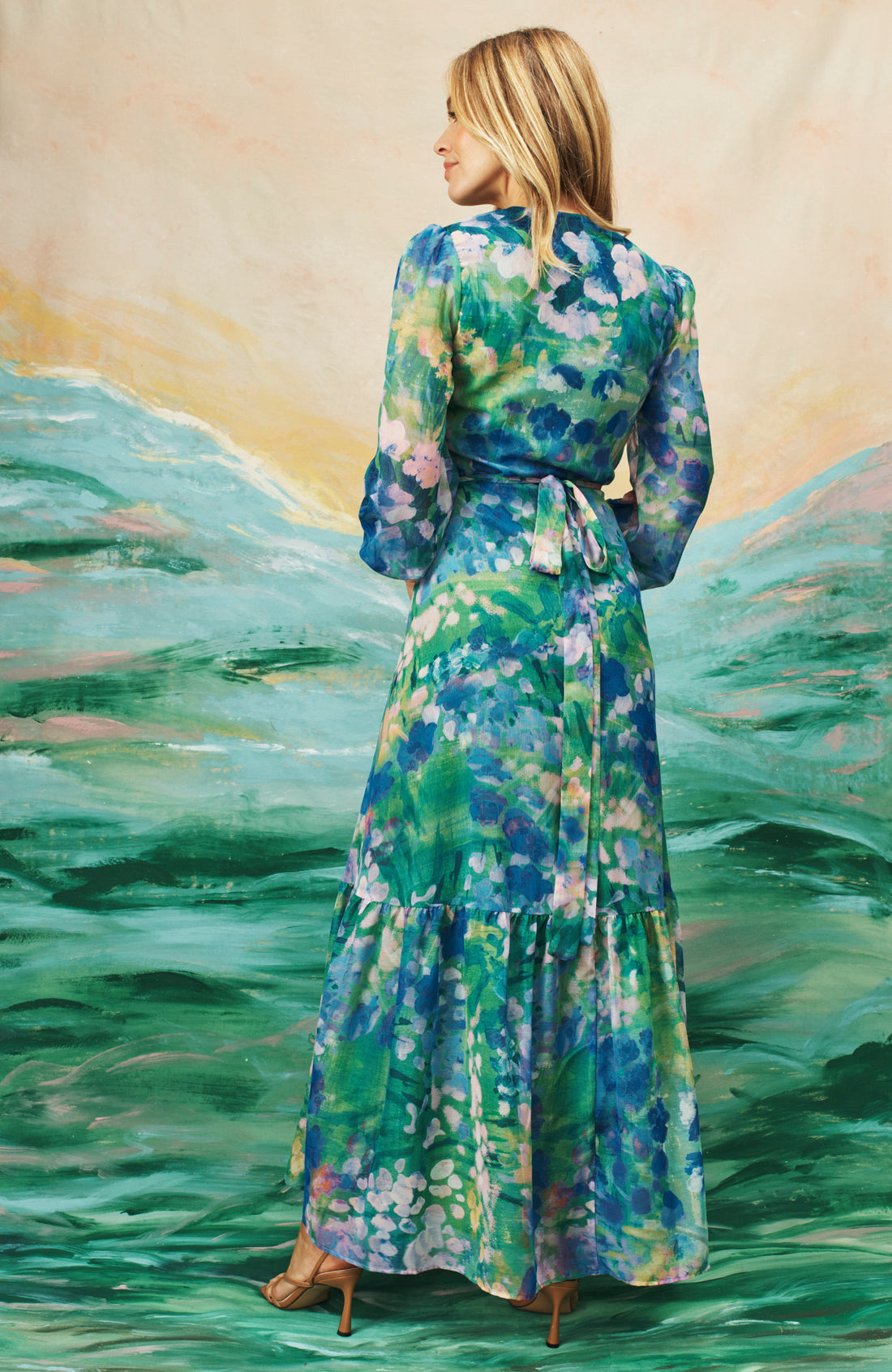 The Bluebell Floral Print Blouson Sleeve Maxi Wrap Dress (Blue)