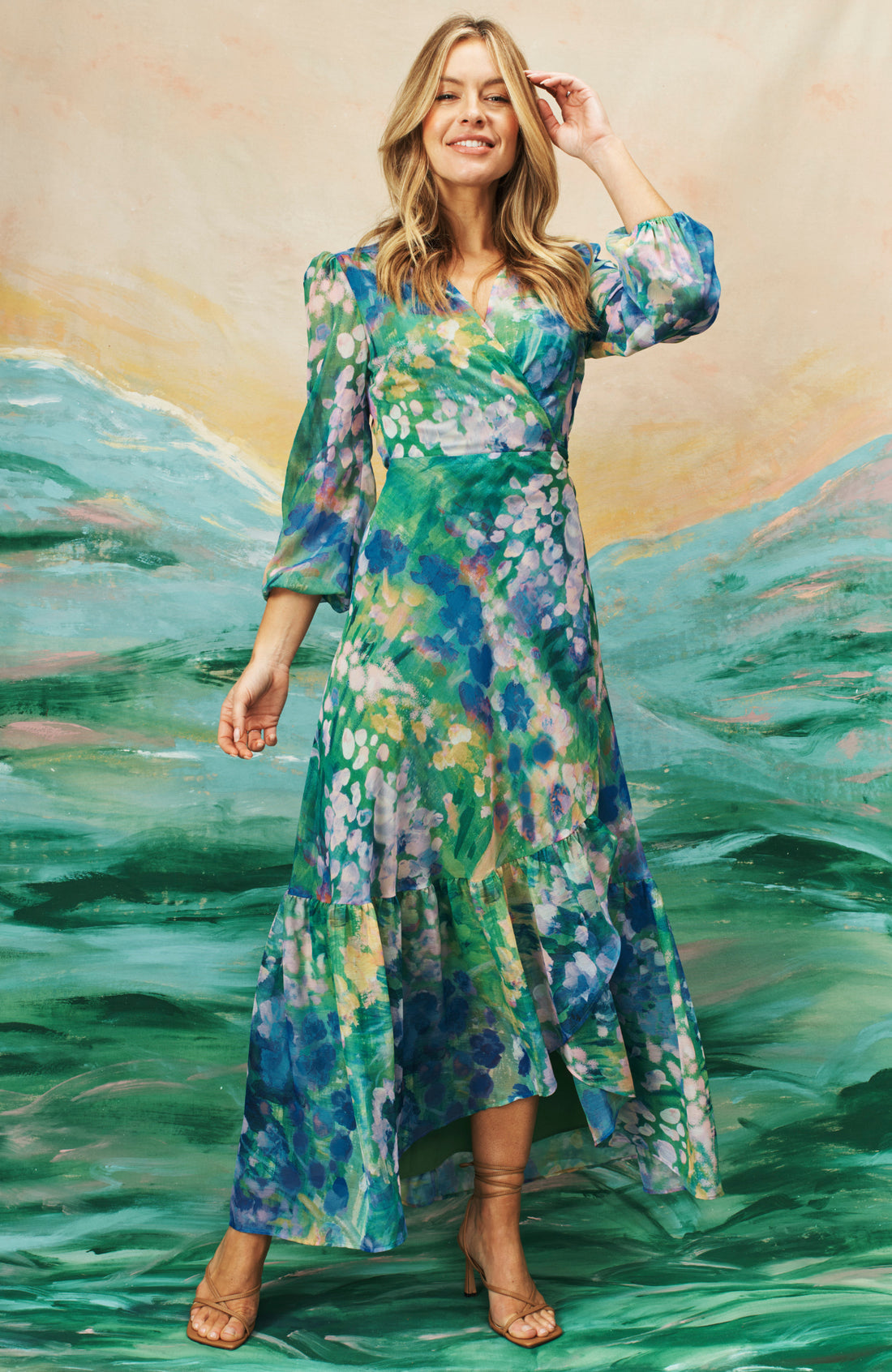 The Bluebell Floral Print Blouson Sleeve Maxi Wrap Dress (Blue)