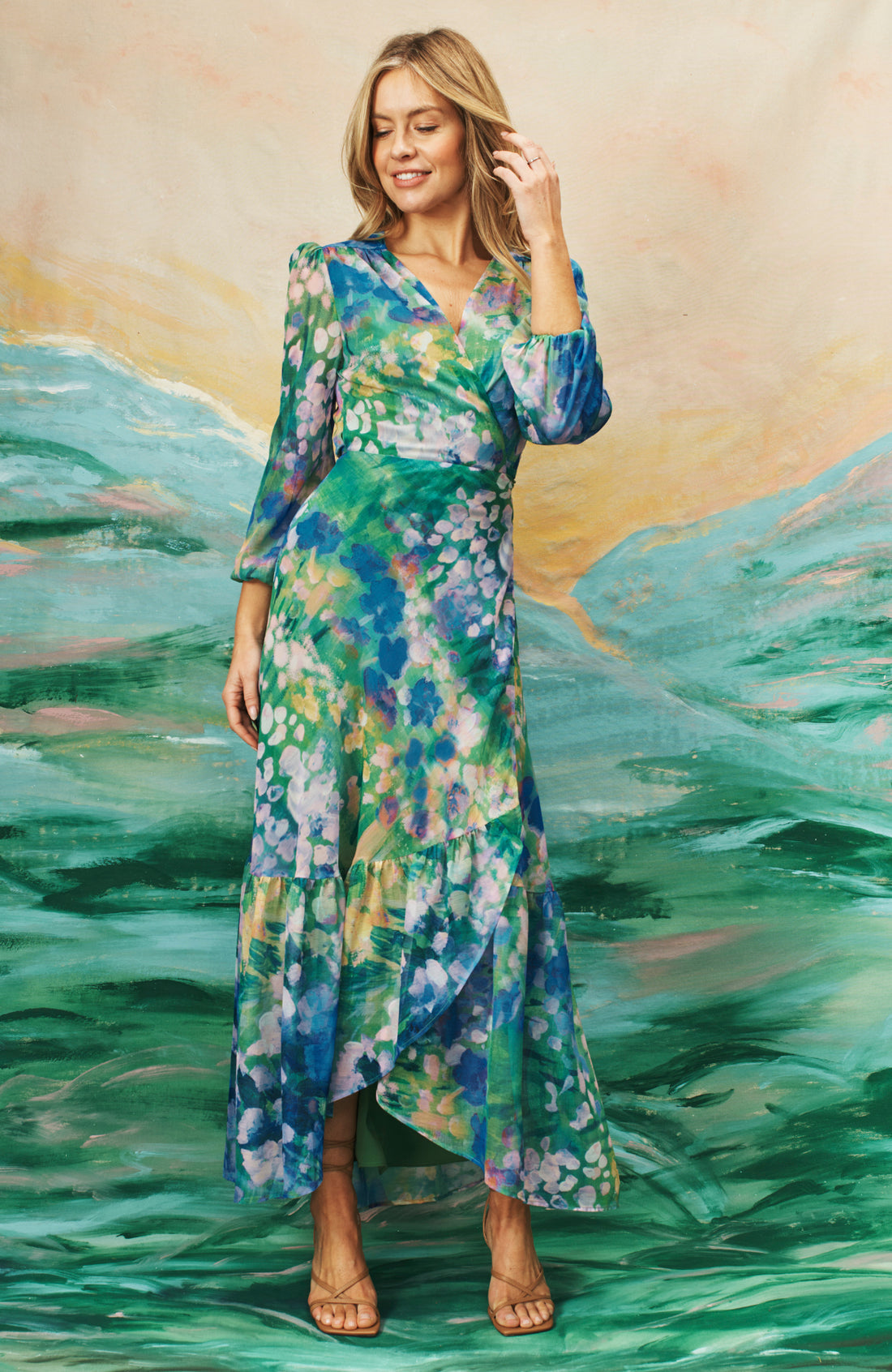 The Bluebell Floral Print Blouson Sleeve Maxi Wrap Dress (Blue)