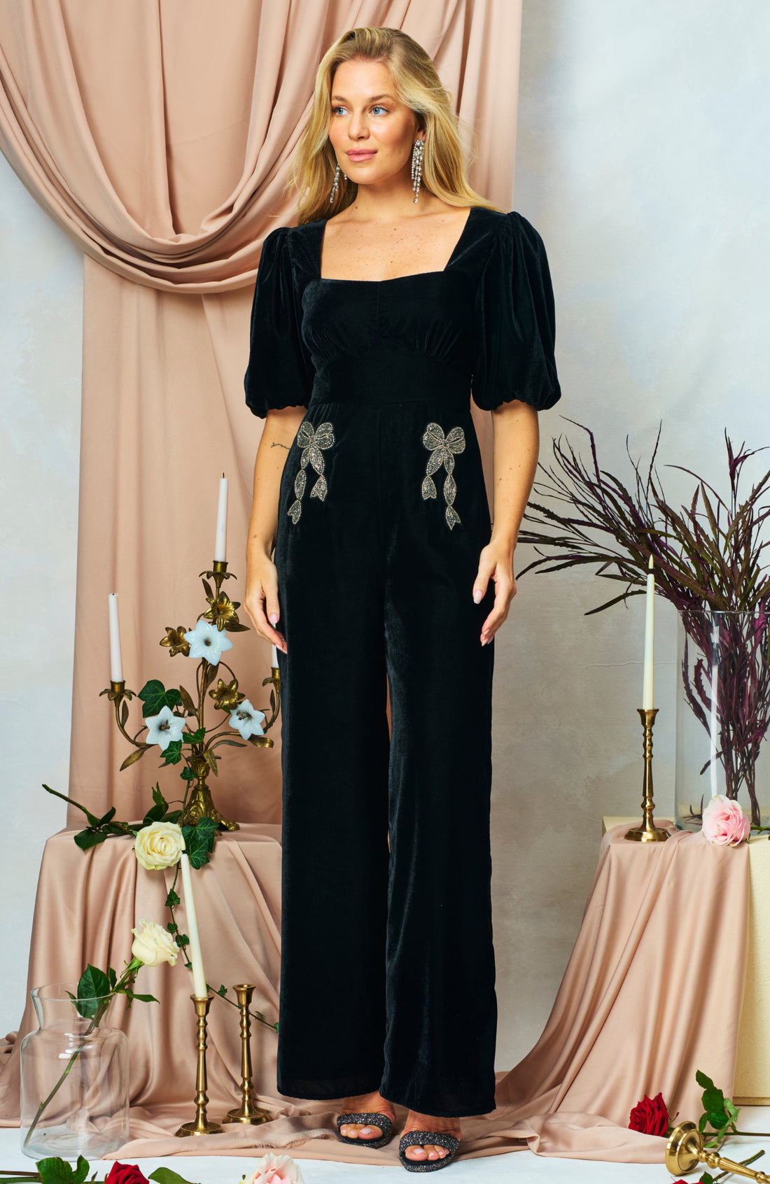 The Chelsea Puff Sleeve Velvet Jumpsuit (Black)