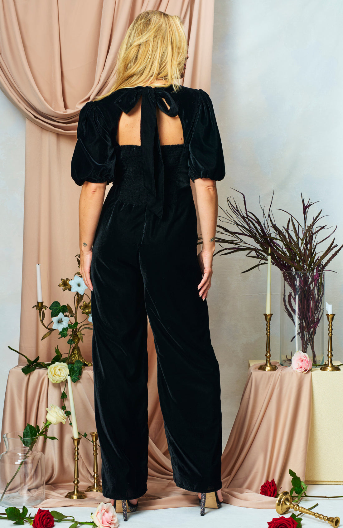 The Chelsea Puff Sleeve Velvet Jumpsuit (Black)