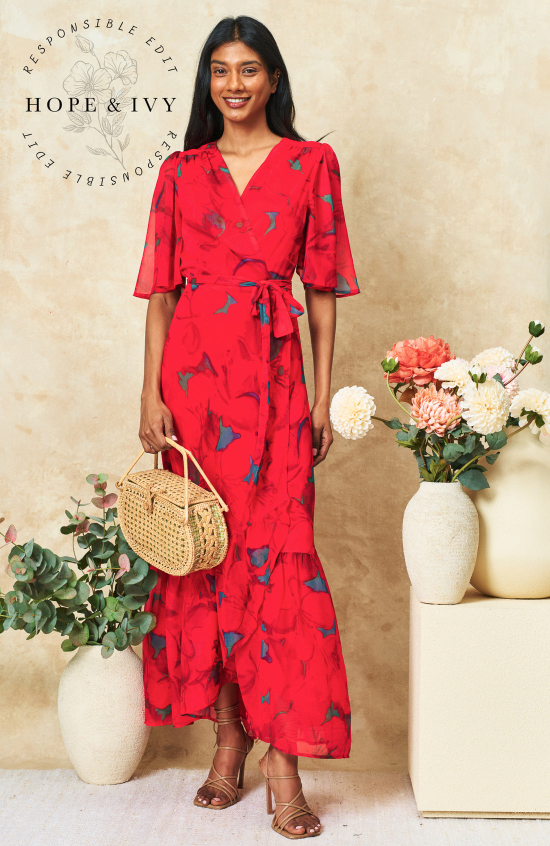 The Delia Flutter Sleeve Maxi Dress (Red)