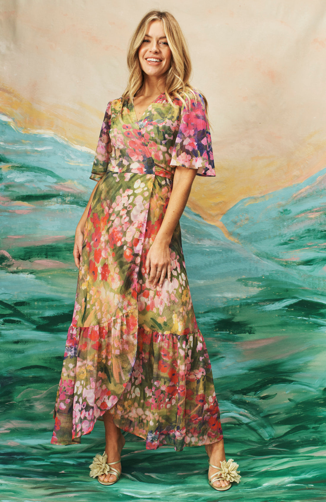 The Foxglove Floral Print Flutter Sleeve Maxi Wrap Dress (Pink)