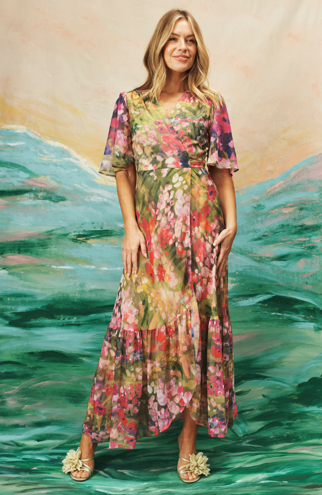 The Foxglove Floral Print Flutter Sleeve Maxi Wrap Dress (Pink)