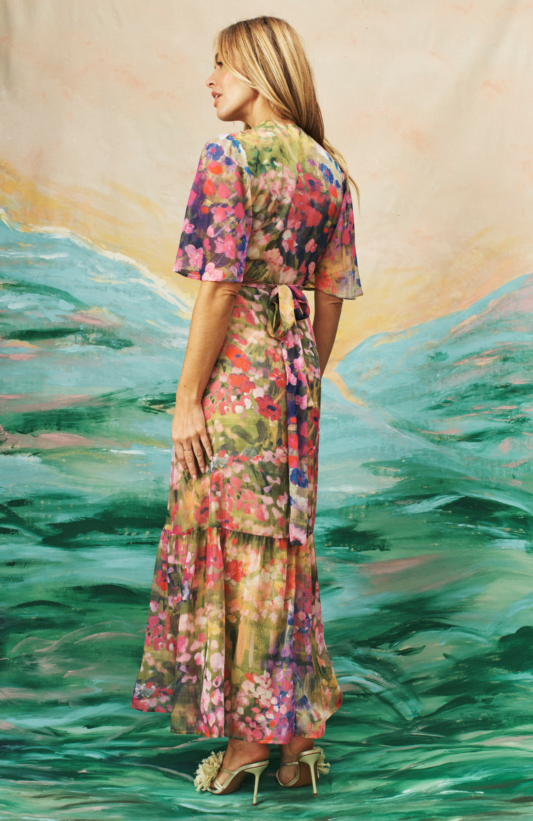 The Foxglove Floral Print Flutter Sleeve Maxi Wrap Dress (Pink)