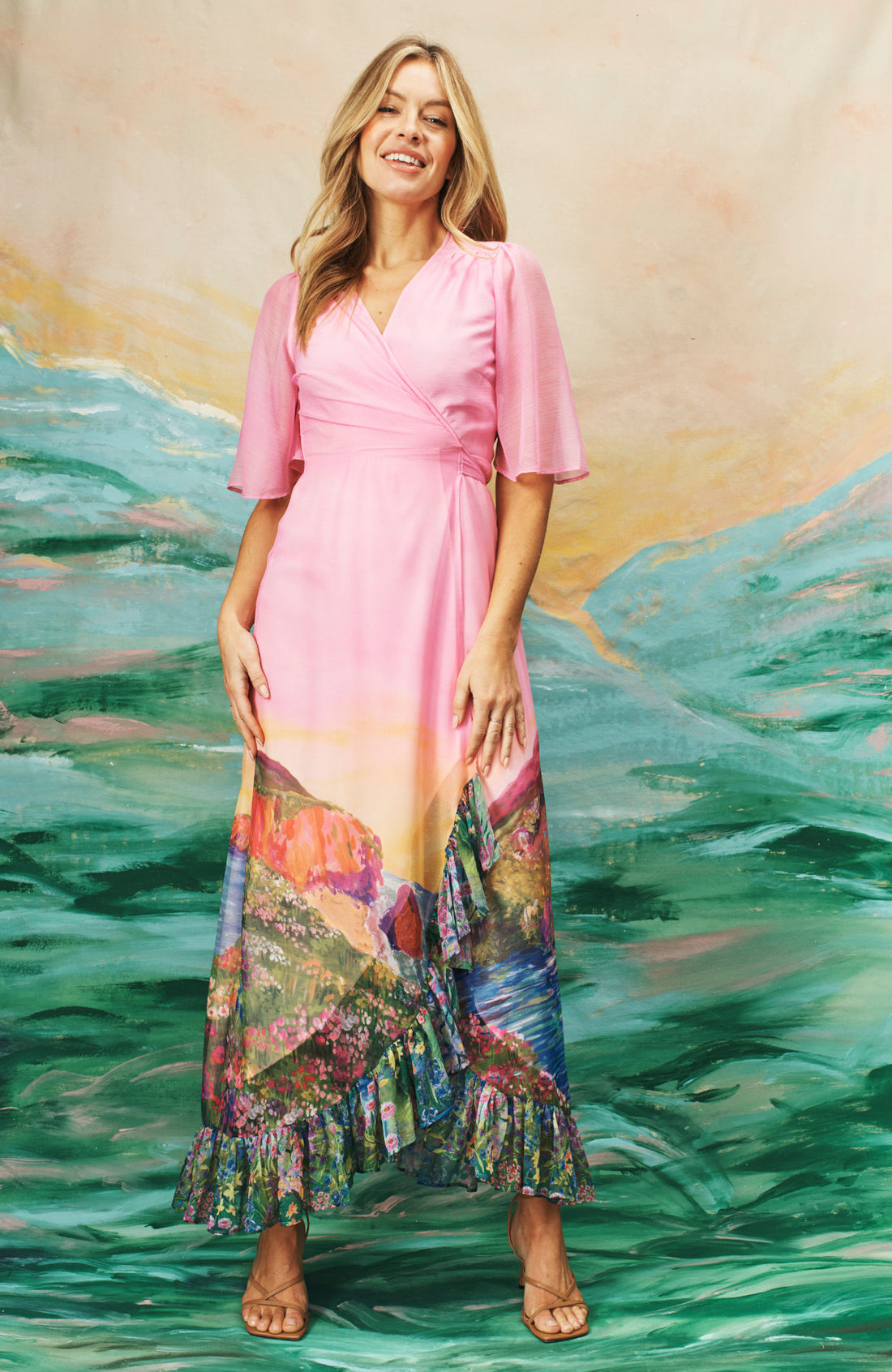 The Iris Printed Flutter Sleeve Maxi Wrap Dress (Pink)