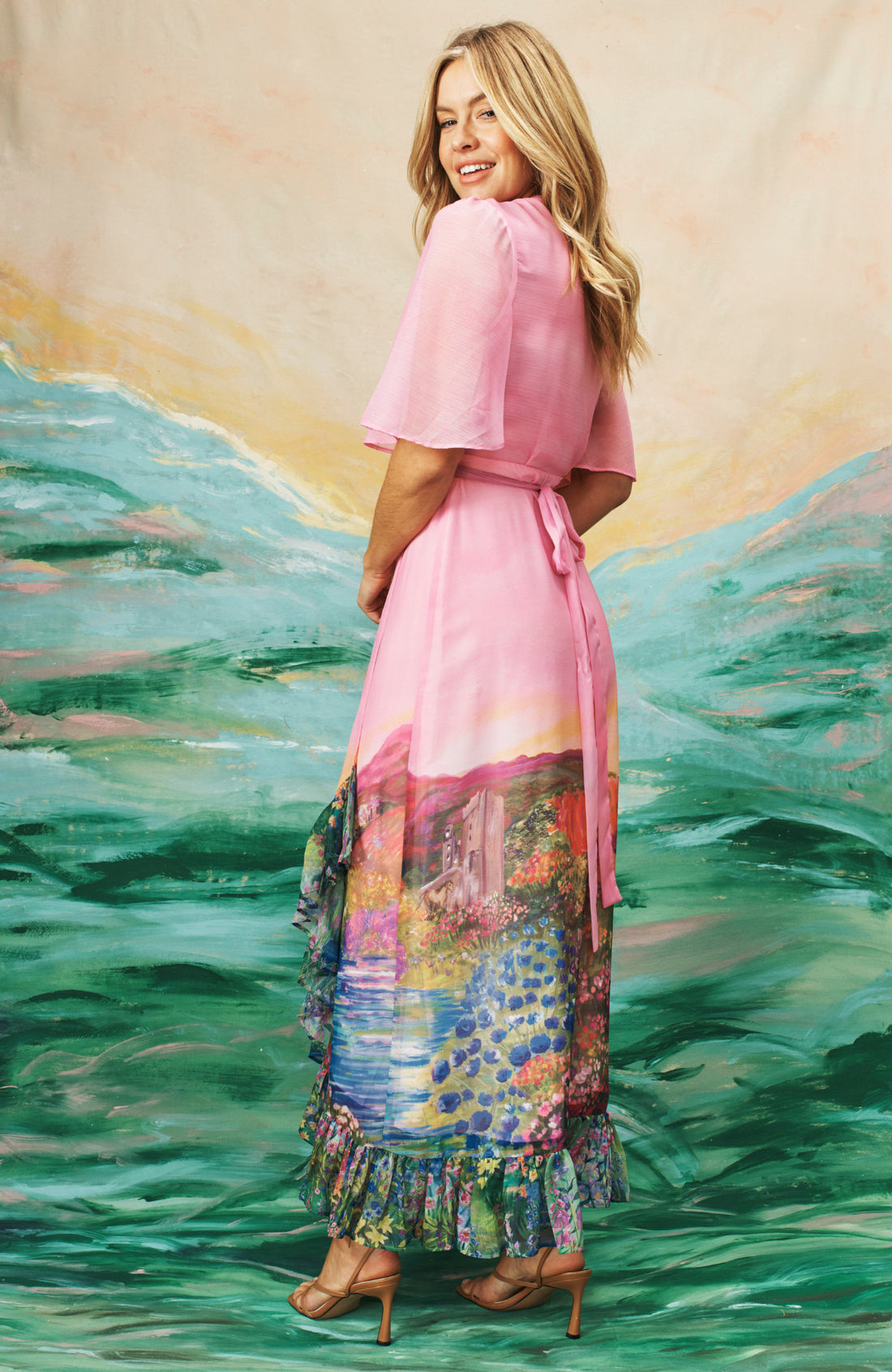 The Iris Printed Flutter Sleeve Maxi Wrap Dress (Pink)