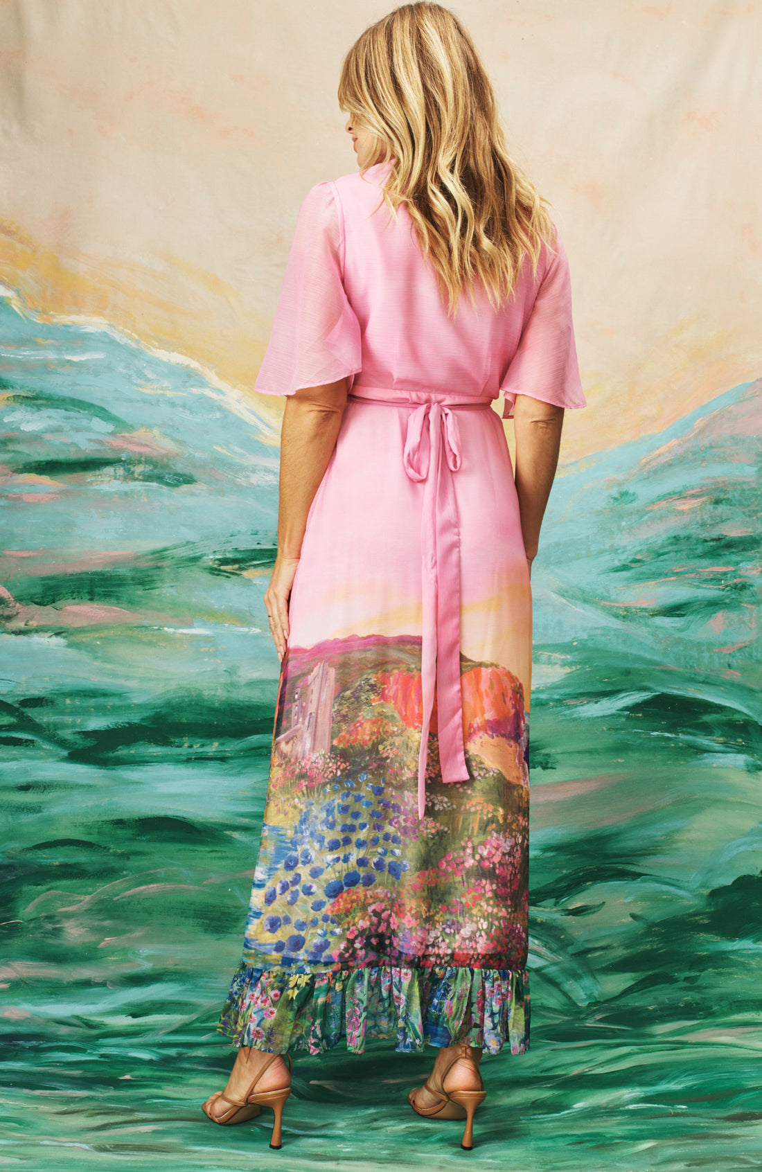 The Iris Printed Flutter Sleeve Maxi Wrap Dress (Pink)