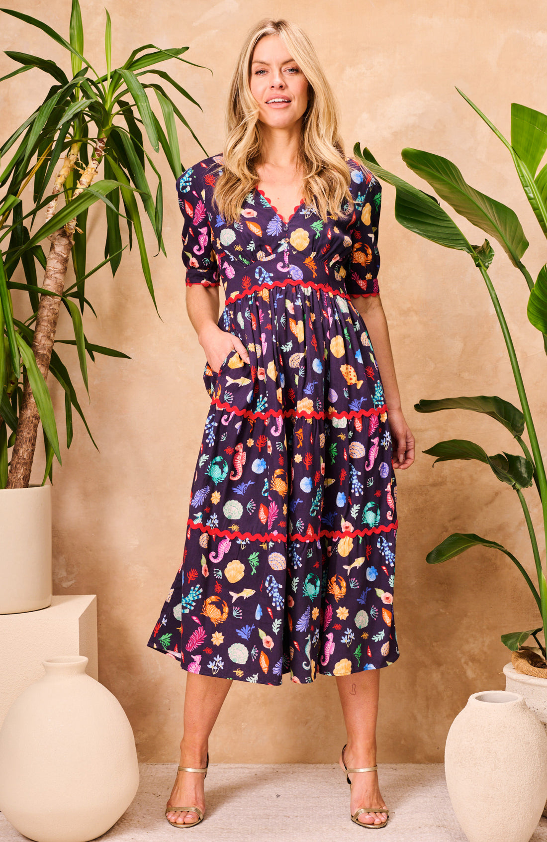 The Laurel Puff Sleeve Tiered Midi Tea Dress (Navy Multi)