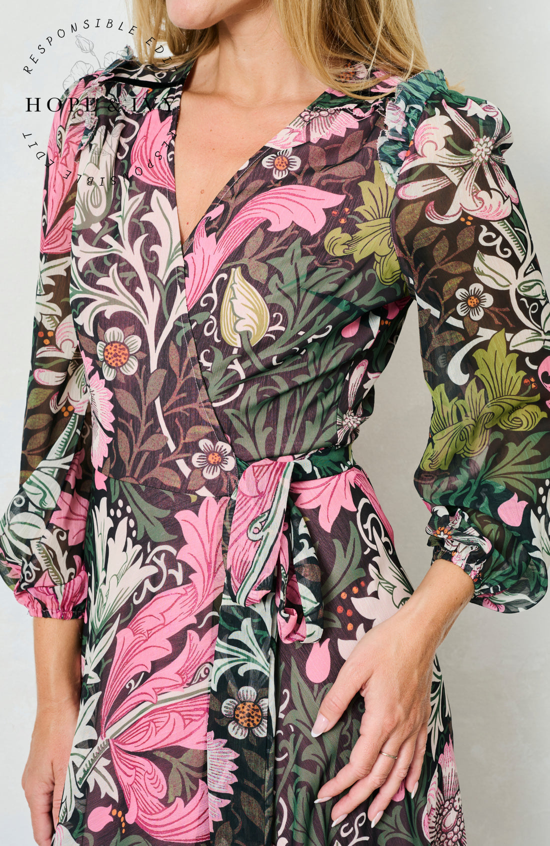 The Rosehip Blouson Sleeve Maxi Wrap Dress (Pink Multi)