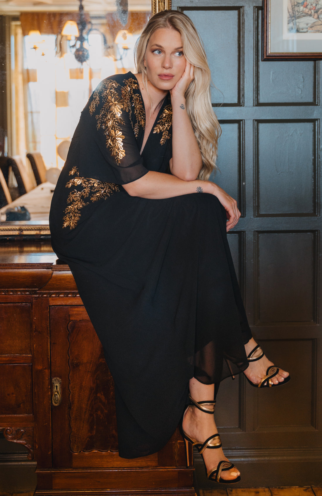 The Shay Plunge Front Embellished Maxi Dress (Black/Gold)