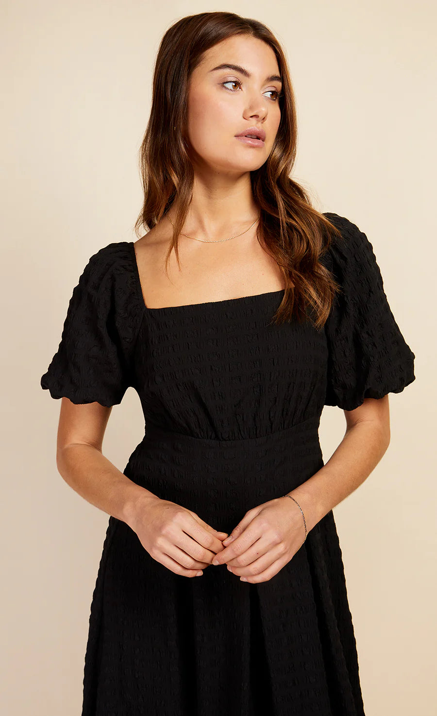 Clara Textured Puff Sleeve Midaxi Dress (Black)