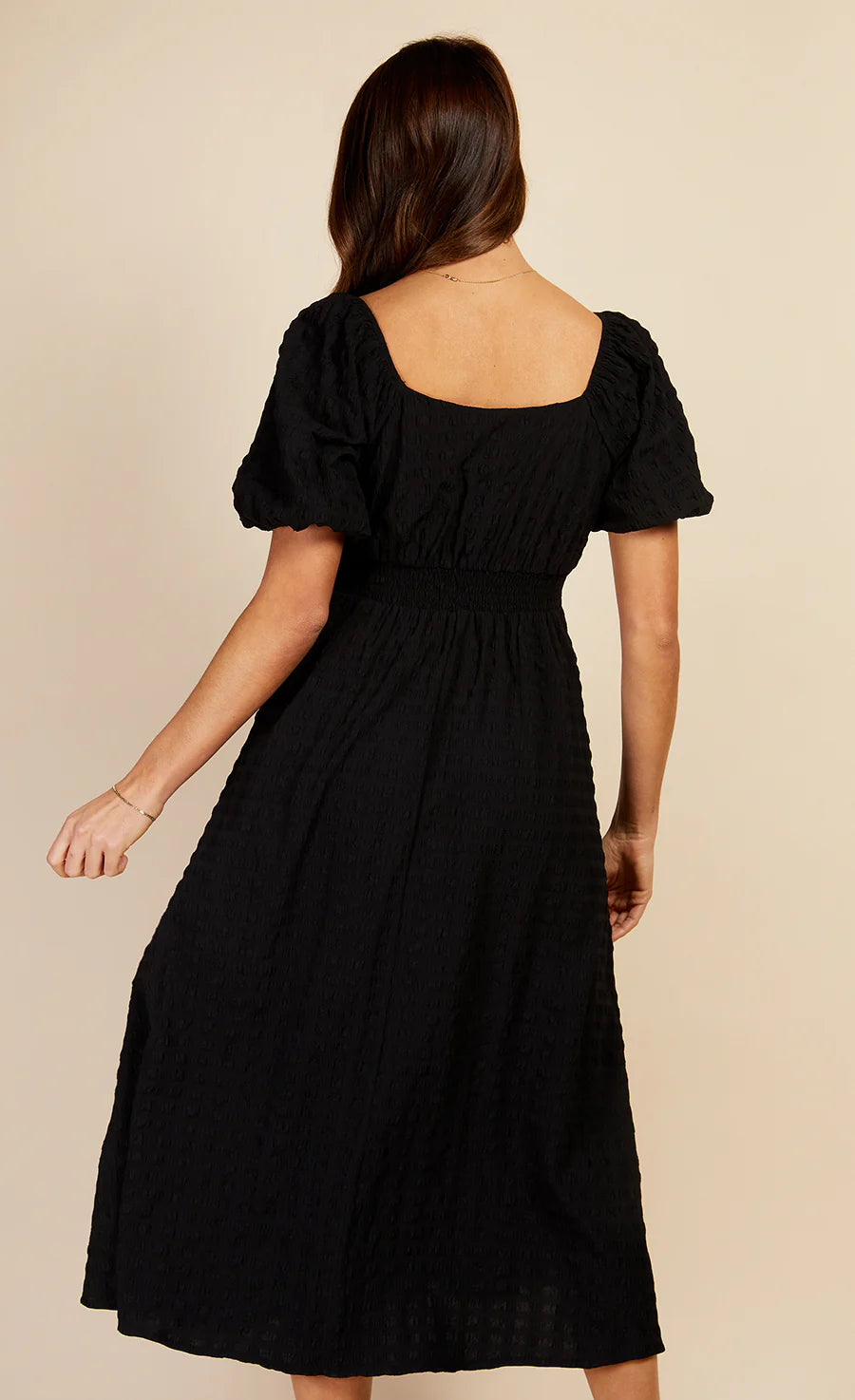 Clara Textured Puff Sleeve Midaxi Dress (Black)