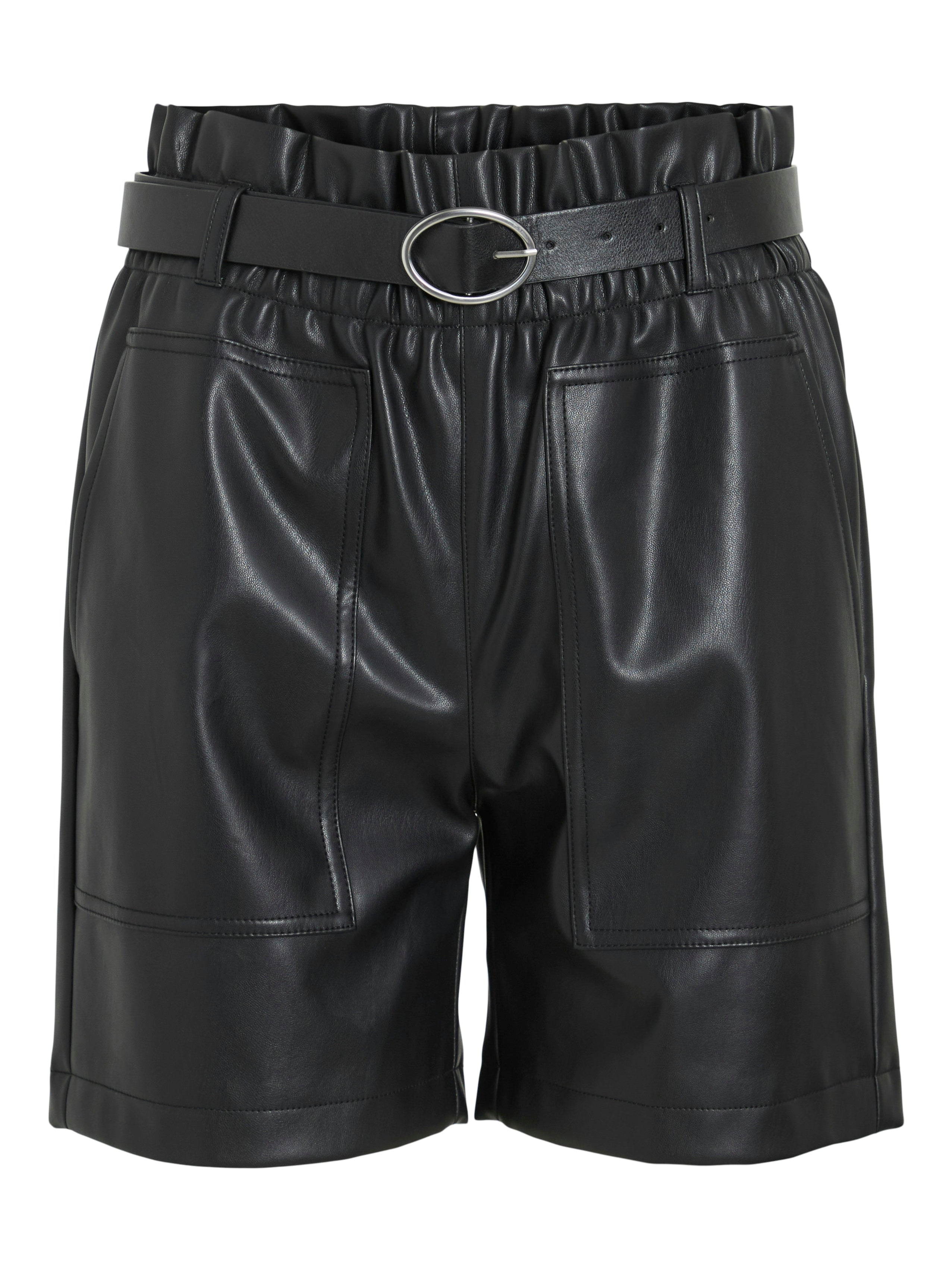 Starla Belted Faux Leather Shorts (Black)