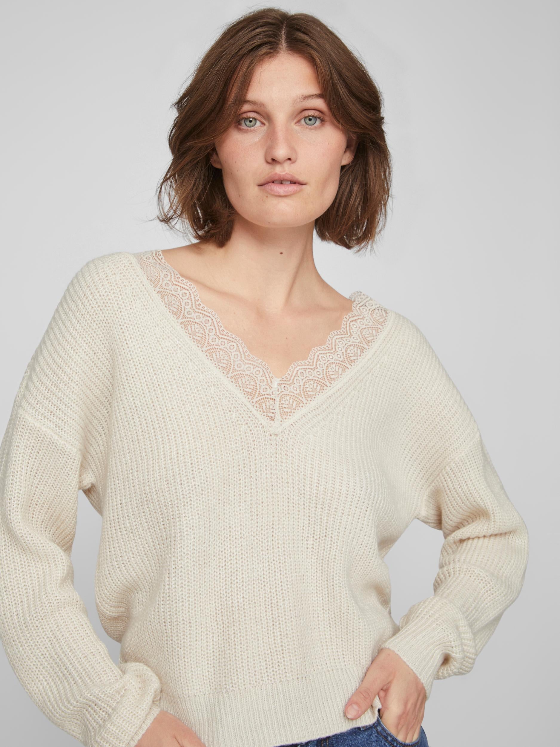 LACY V-NECK JUMPER (NATURAL MELANGE)