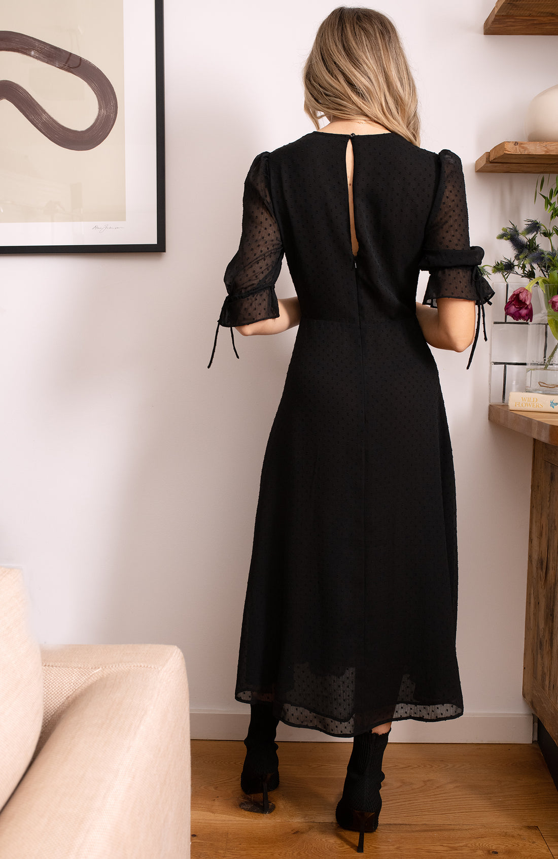 The Viola Dobby Mesh Embroidered Midi Dress With Tie Sleeves