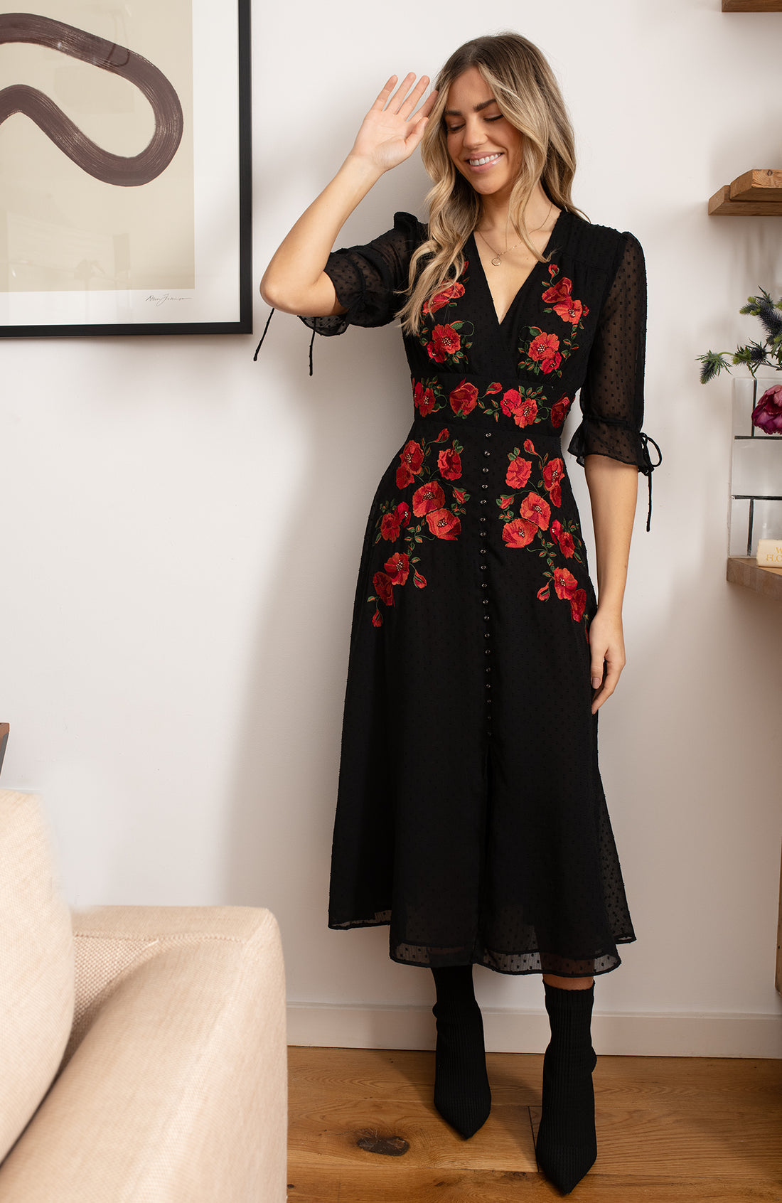 The Viola Dobby Mesh Embroidered Midi Dress With Tie Sleeves