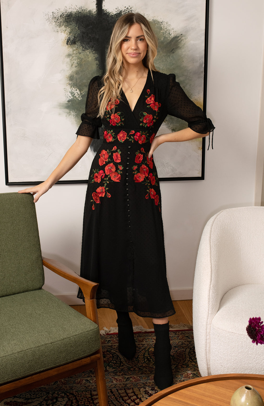 The Viola Dobby Mesh Embroidered Midi Dress With Tie Sleeves Curve