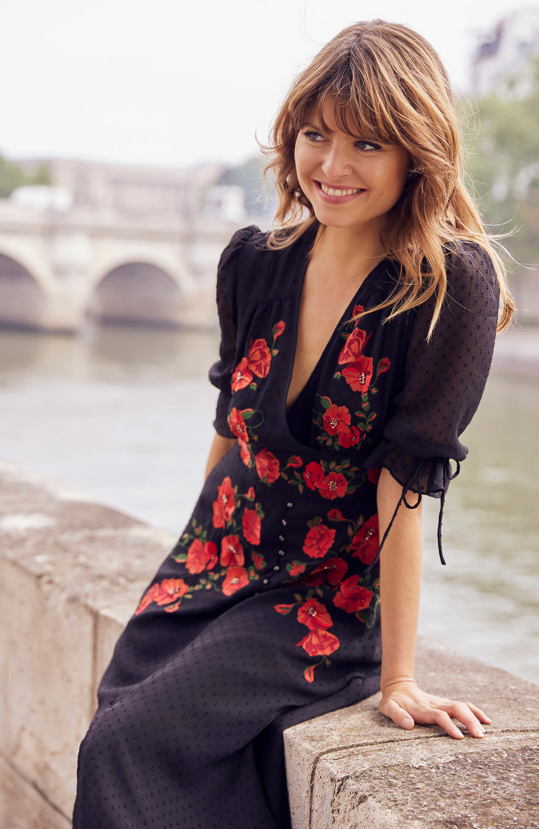 The Viola Dobby Mesh Embroidered Midi Dress With Tie Sleeves