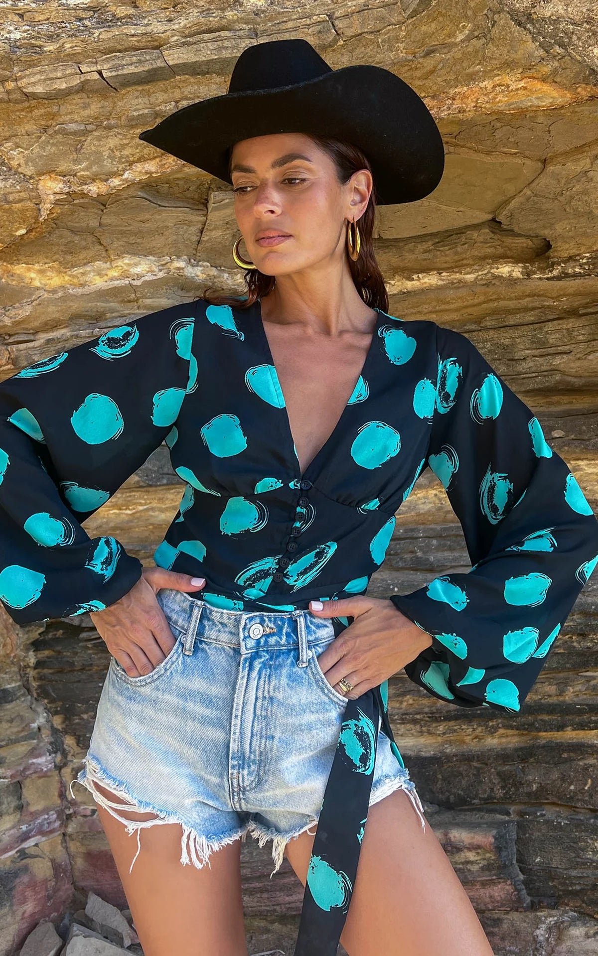 Joanie Tie Top (Green on Black Dot)