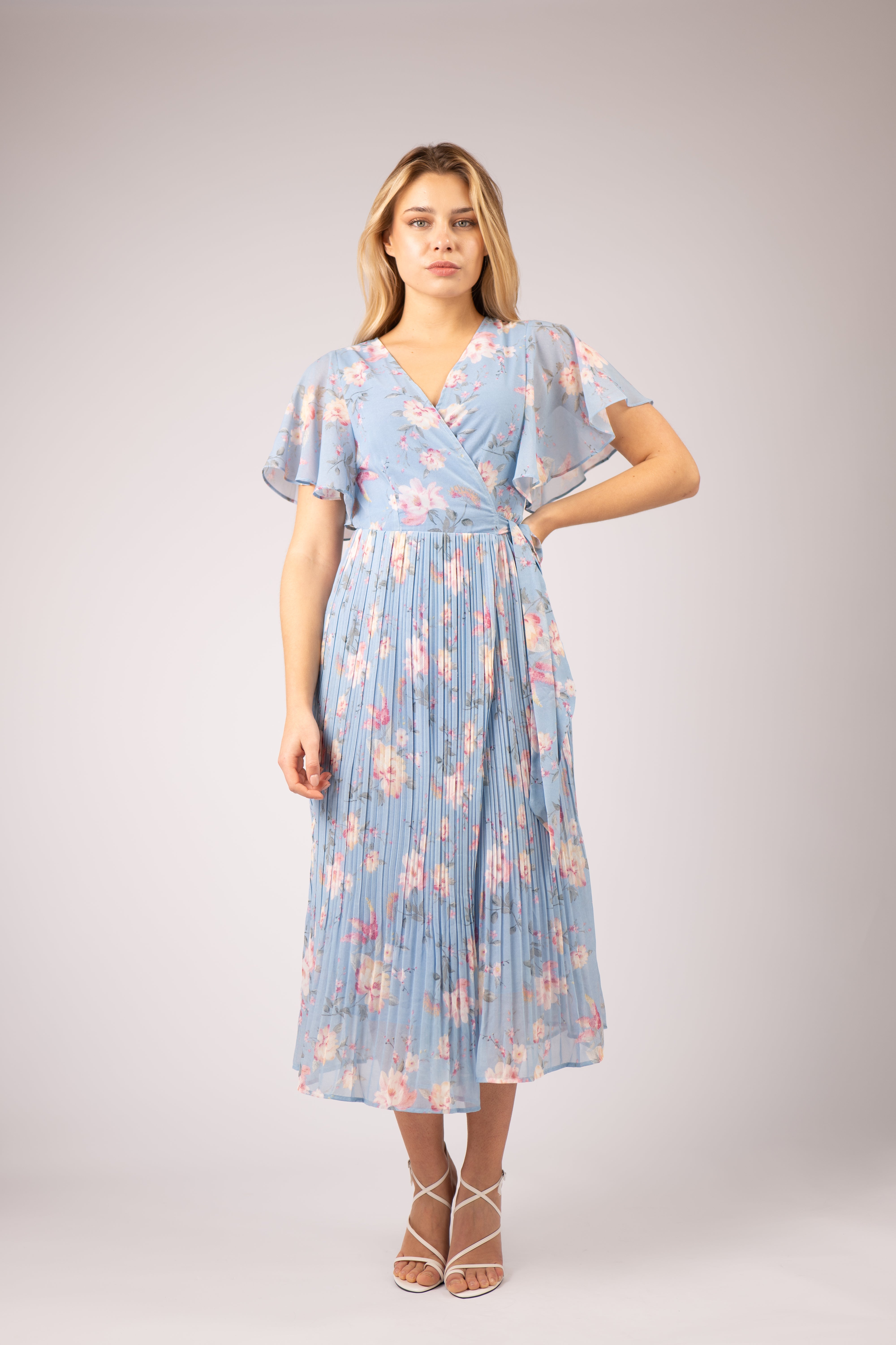 SUZI PLEATED LONG WRAP DRESS (BLUE)