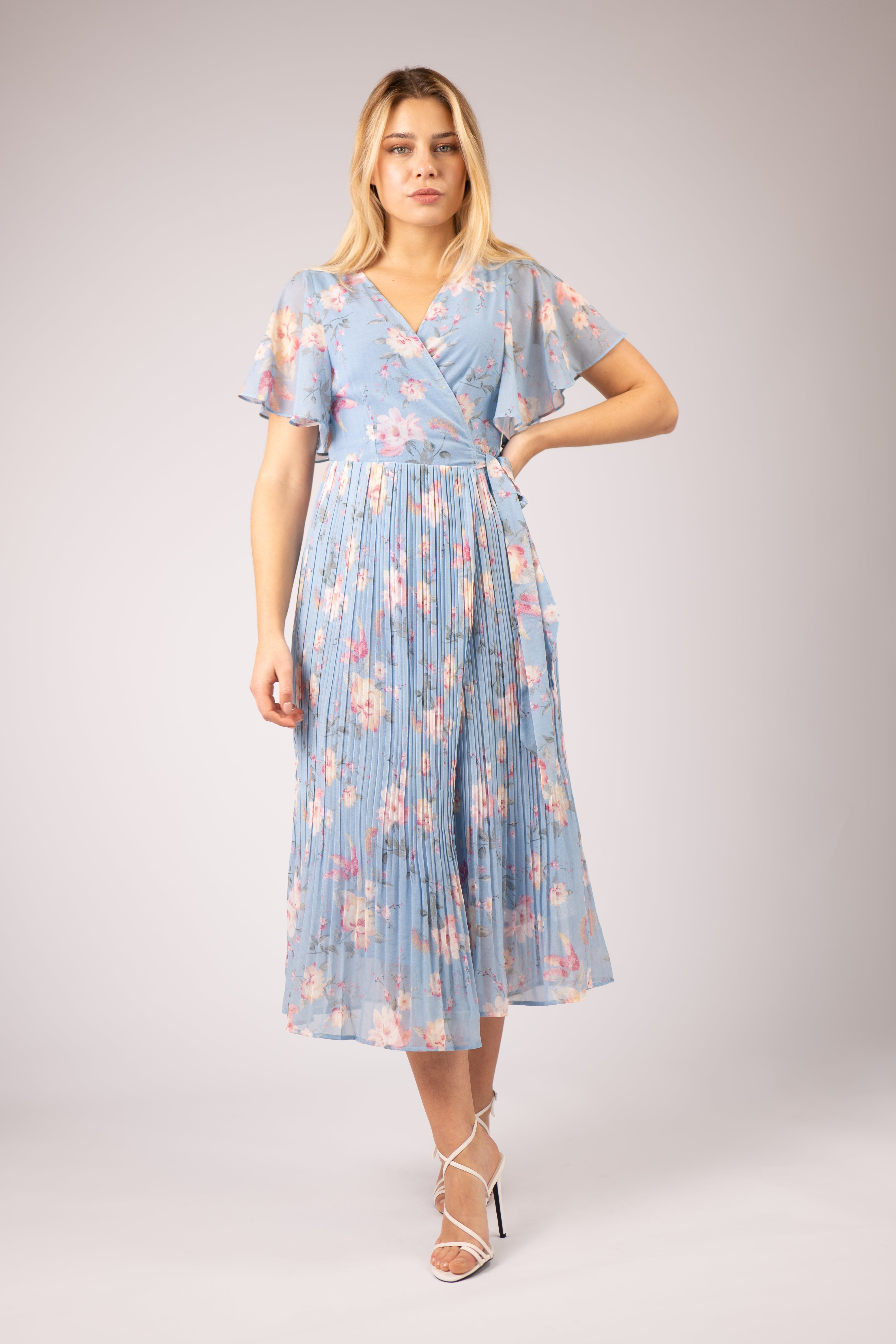 SUZI PLEATED LONG WRAP DRESS (BLUE)
