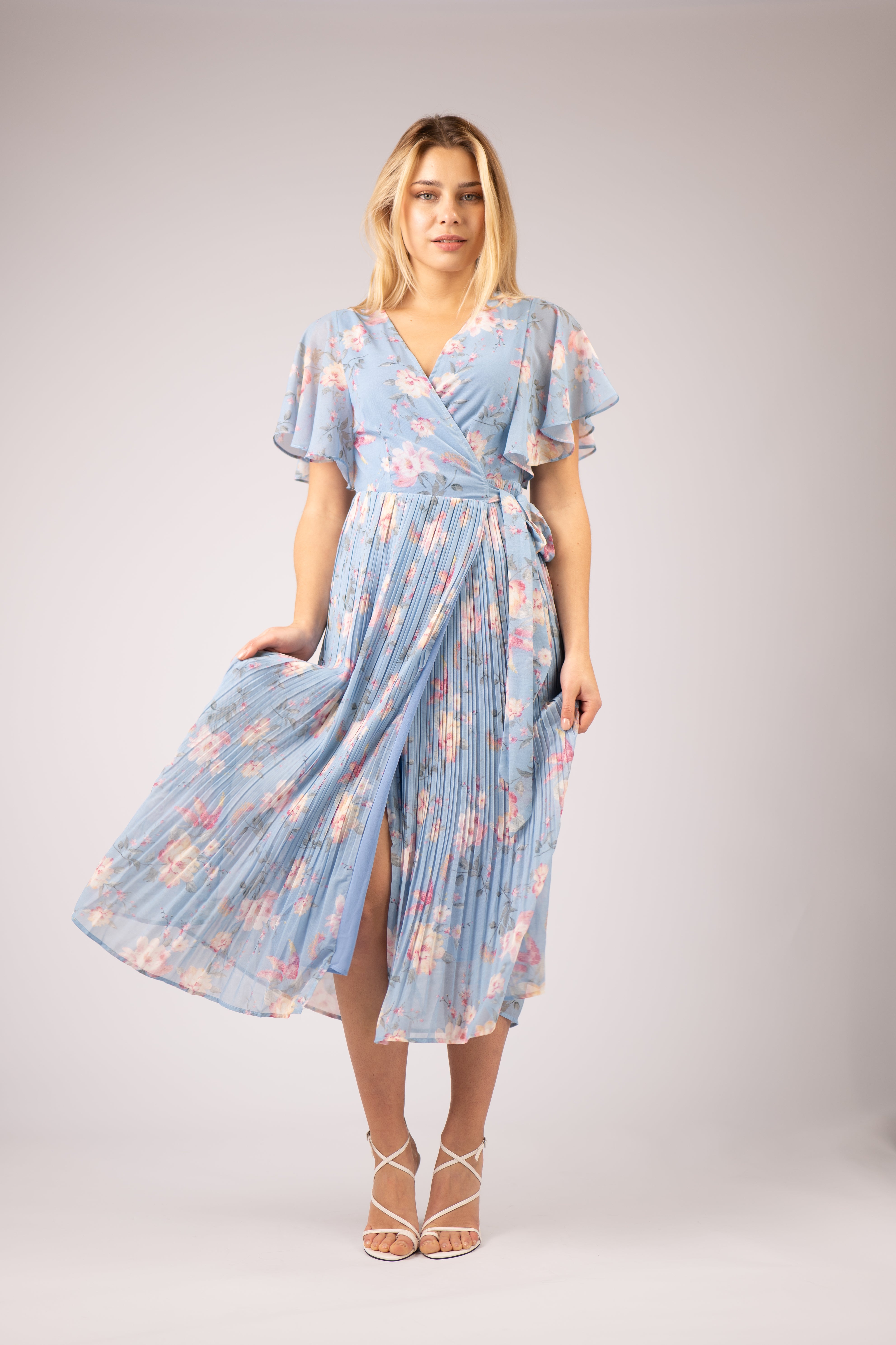 SUZI PLEATED LONG WRAP DRESS (BLUE)