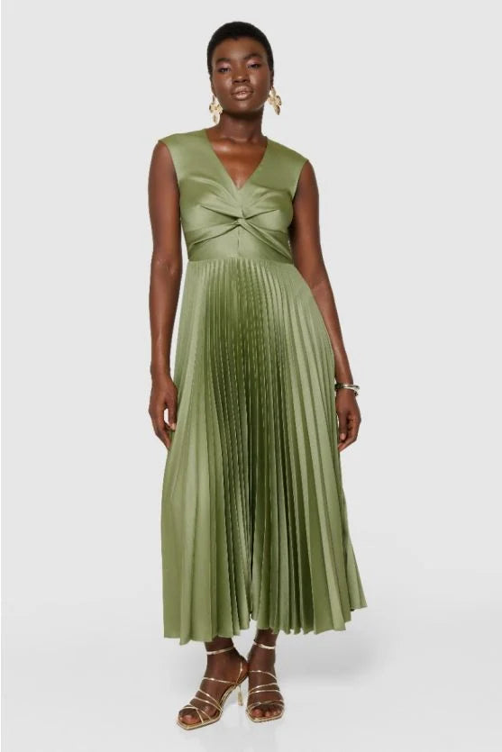 Leah Pleated Twist Dress (Olive)