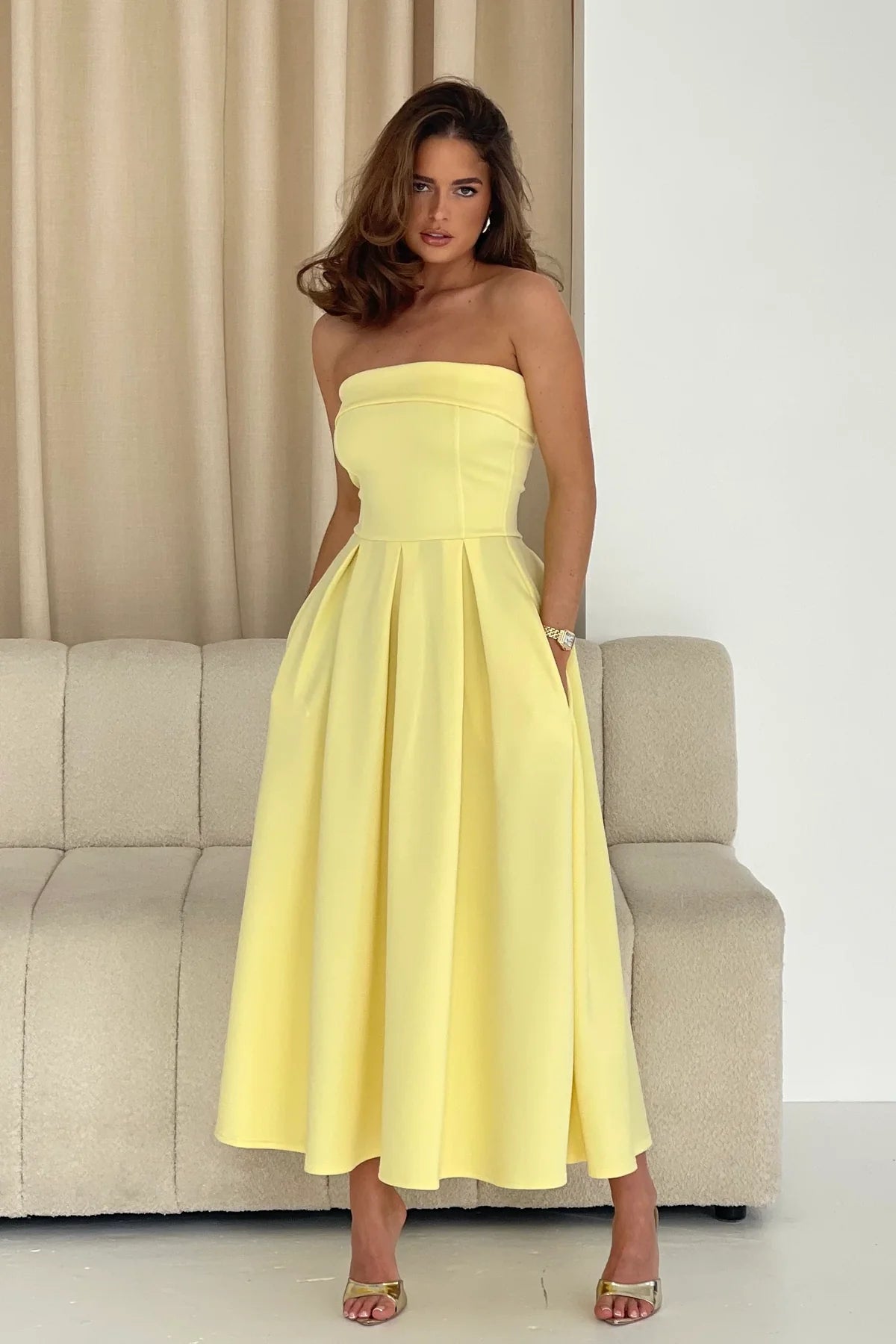 Danni Strapless Bandeau Midi Dress (Yellow)