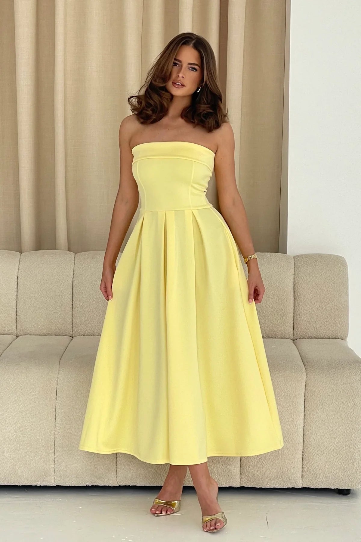 Danni Strapless Bandeau Midi Dress (Yellow)