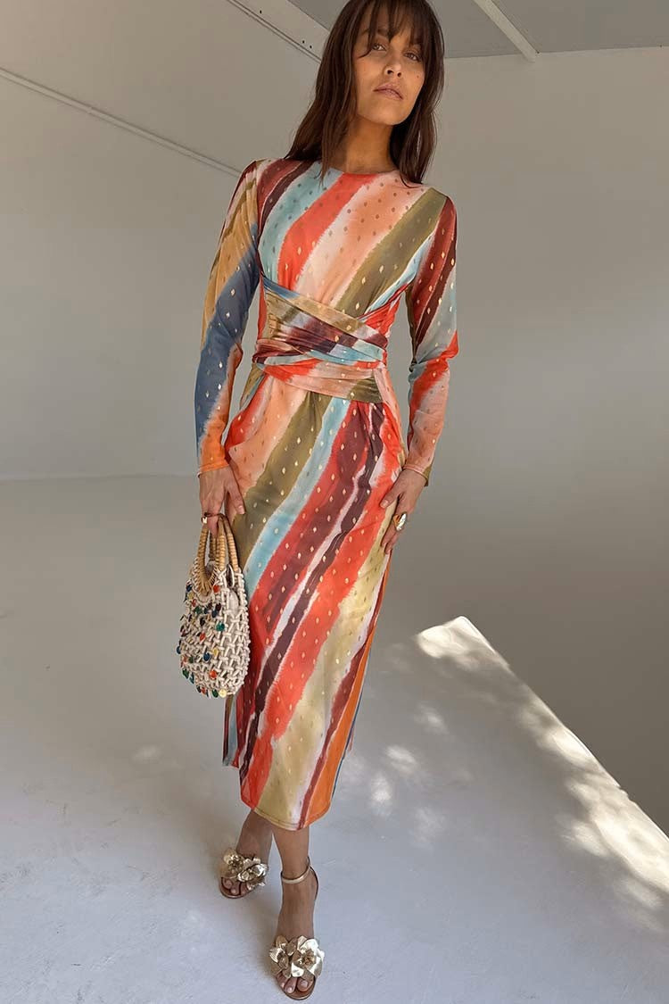 Sunset Stripe Mesh Midi Dress (Orange)