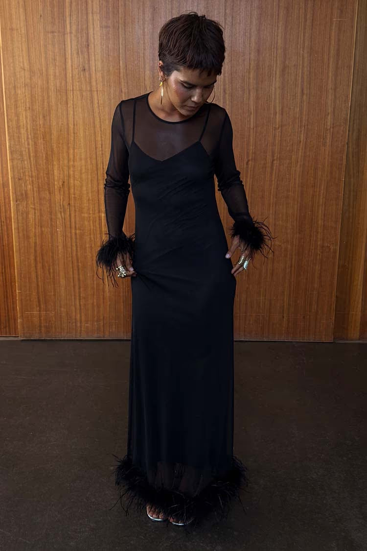 Mesh Feather Trim Dress (Black)