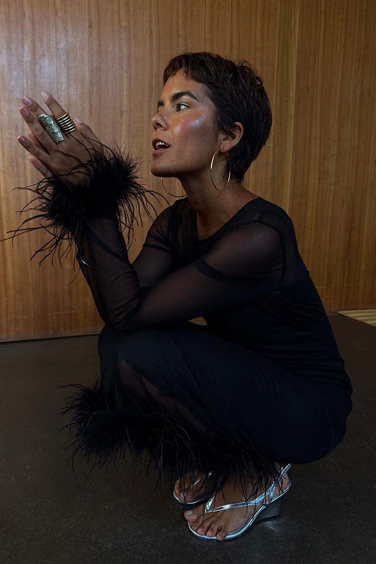 Mesh Feather Trim Dress (Black)