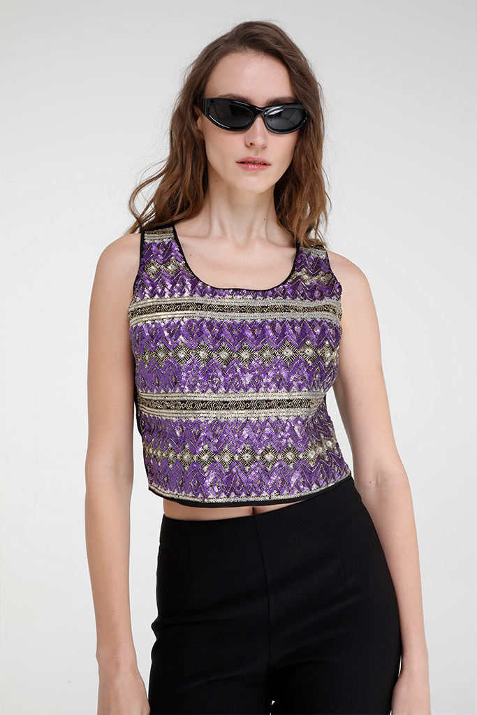 Chillan Crop Sequin Top (Purple/Gold)