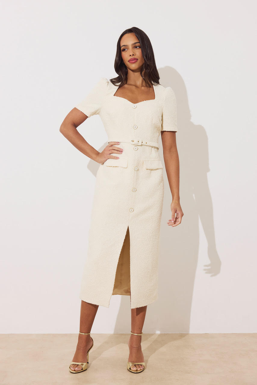 Harriet Tweed Button Detail Midi Dress (Cream)