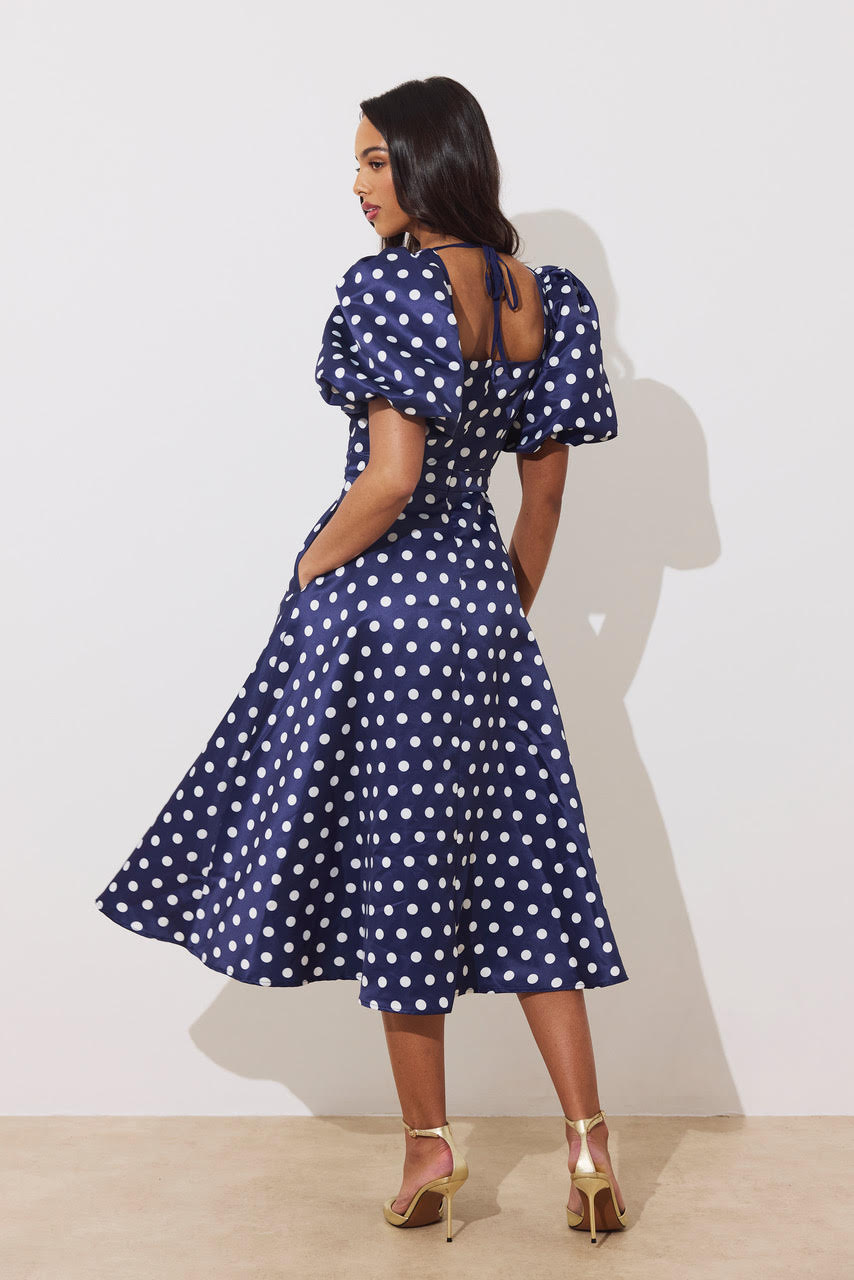 Audrey Puff Sleeve Midi Dress (Polka Dot/Navy)