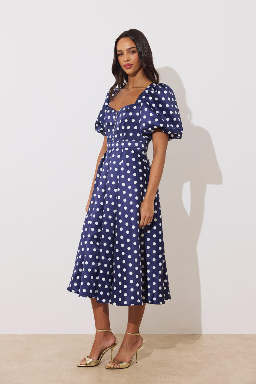 Audrey Puff Sleeve Midi Dress (Polka Dot/Navy)