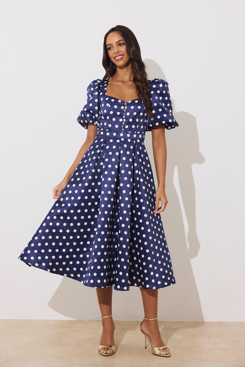 puff sleeve midi dress pattern Audrey Puff Sleeve Midi Dress (Polka Dot/Navy) | Love Cherish
