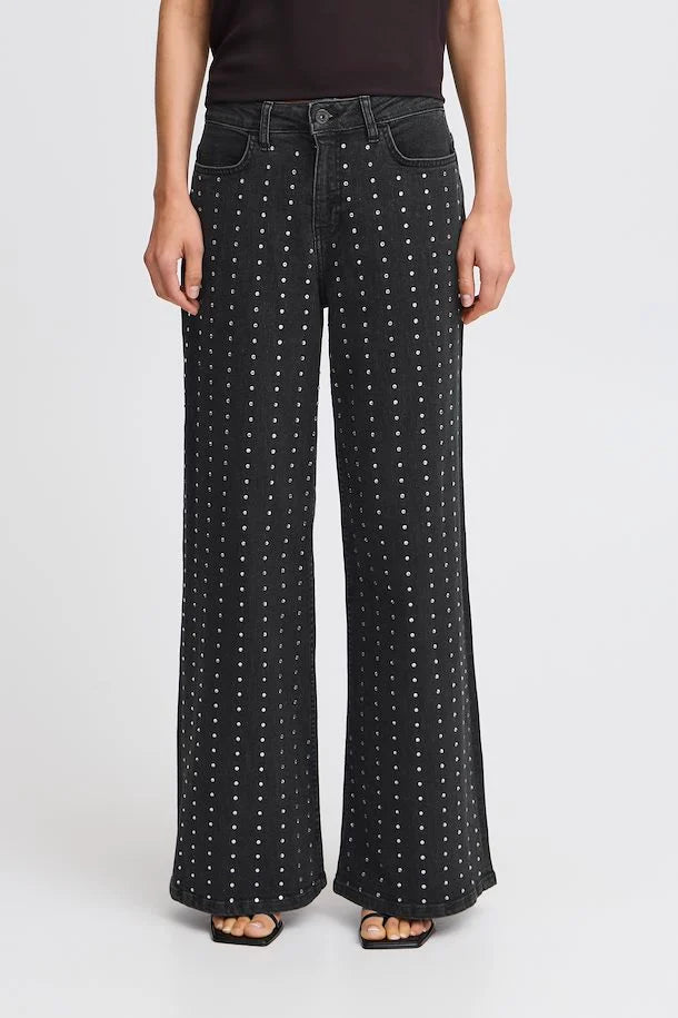 Braidy Rhinestone Wide Leg Jeans (Washed Black)